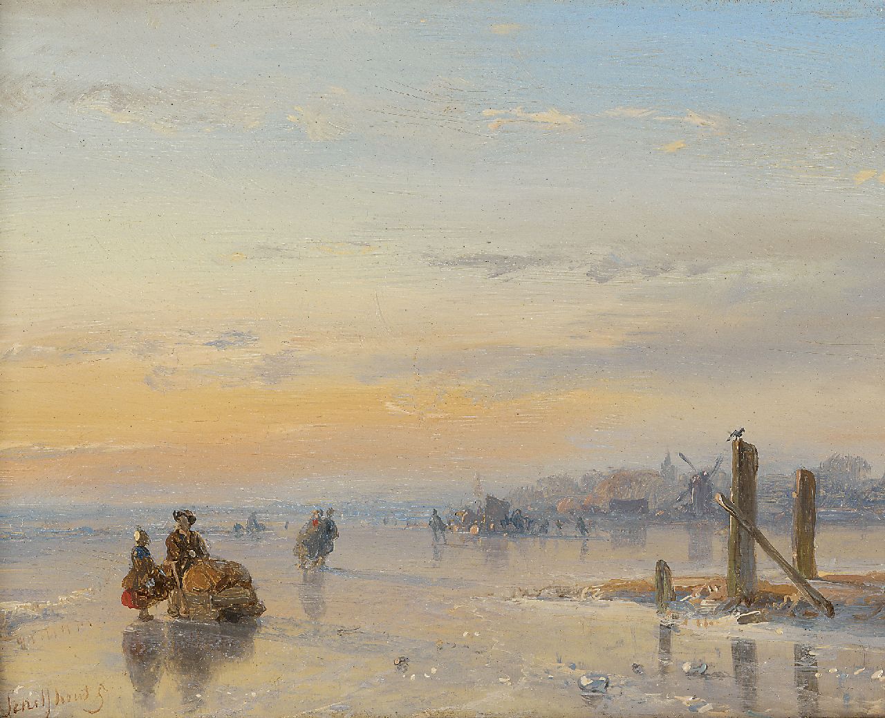 Schelfhout A. | Andreas Schelfhout, Figuren met een slede en schaatsers op het ijs, olieverf op paneel 11,6 x 14,8 cm, gesigneerd linksonder en verso Schelfhout A. | Andreas Schelfhout, Figuren met een slede en schaatsers op het ijs, olieverf op paneel 11,6 x 14,8 cm, gesigneerd linksonder en verso