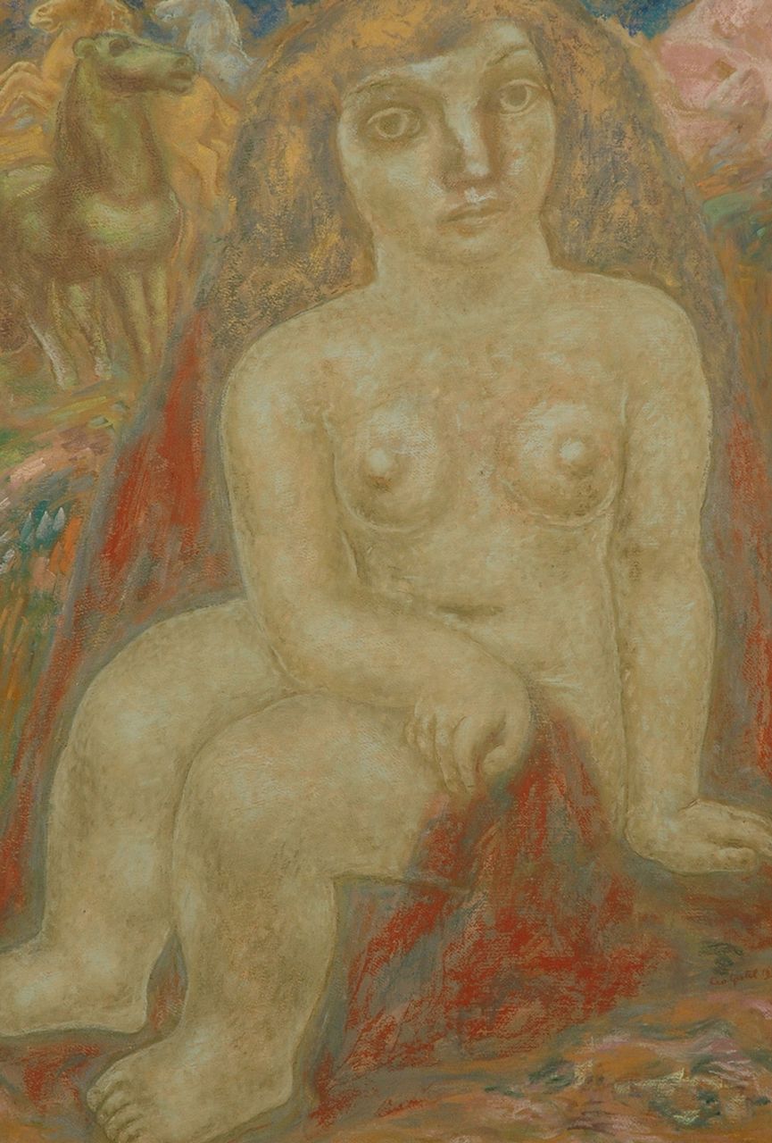 Gestel L. | Leendert 'Leo' Gestel, Vrouw met paarden, pastel op papier 100,7 x 69,2 cm, gesigneerd rechtsonder en gedateerd 1932 Gestel L. | Leendert 'Leo' Gestel, Vrouw met paarden, pastel op papier 100,7 x 69,2 cm, gesigneerd rechtsonder en gedateerd 1932