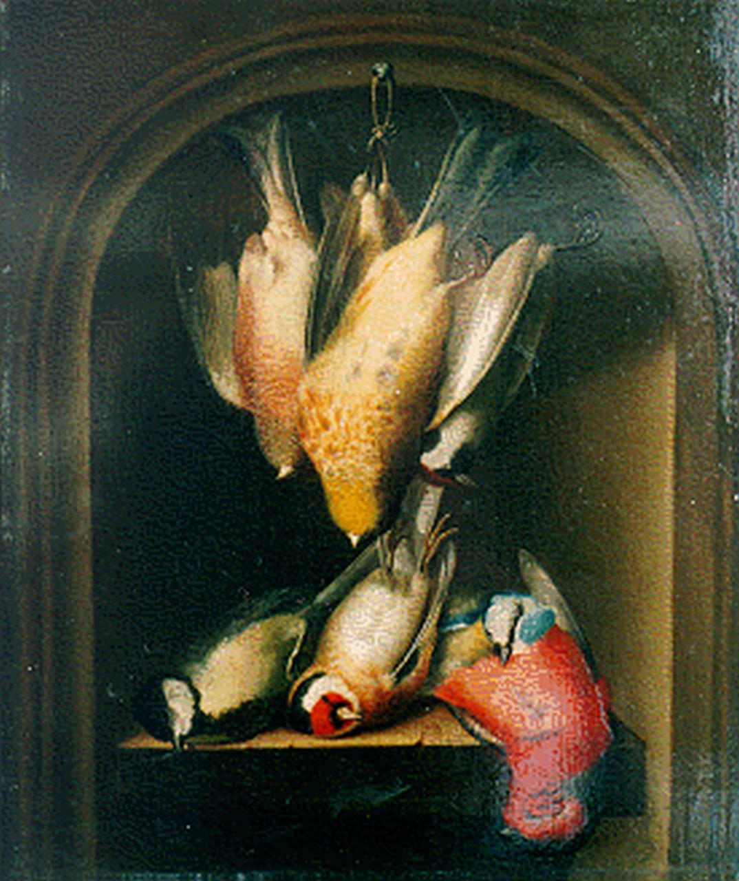 Sturmer E. | Elise Sturmer, Stilleven met dode vogels in een nis, olieverf op paneel 31,8 x 27,1 cm, gesigneerd linksonder en gedateerd 1828 Sturmer E. | Elise Sturmer, Stilleven met dode vogels in een nis, olieverf op paneel 31,8 x 27,1 cm, gesigneerd linksonder en gedateerd 1828