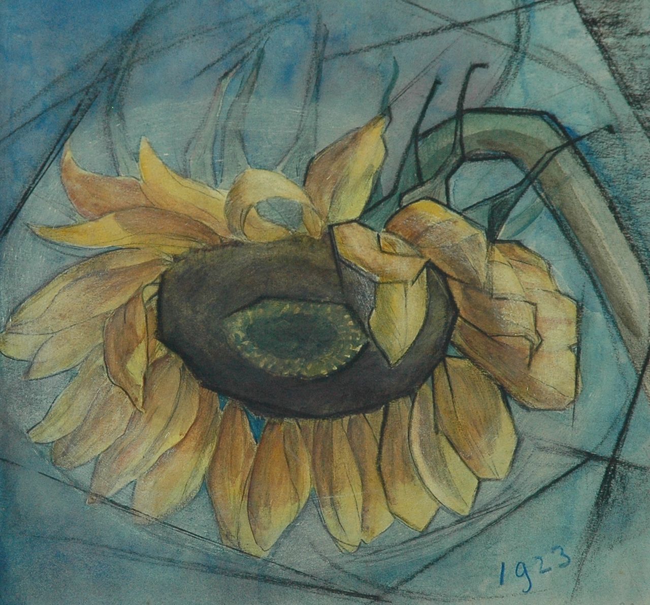 Fiks A. | Albert Fiks, Zonnebloem, zwart krijt en aquarel op papier 25,6 x 25,4 cm, gedateerd 1923 Fiks A. | Albert Fiks, Zonnebloem, zwart krijt en aquarel op papier 25,6 x 25,4 cm, gedateerd 1923