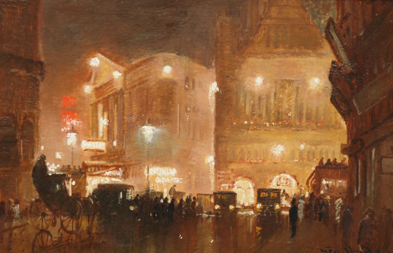 Hyde-Pownall G. | George Hyde-Pownall, Haymarket, Londen, bij avond, olieverf op schildersboard 15,2 x 23,3 cm, gesigneerd rechtsonder Hyde-Pownall G. | George Hyde-Pownall, Haymarket, Londen, bij avond, olieverf op schildersboard 15,2 x 23,3 cm, gesigneerd rechtsonder