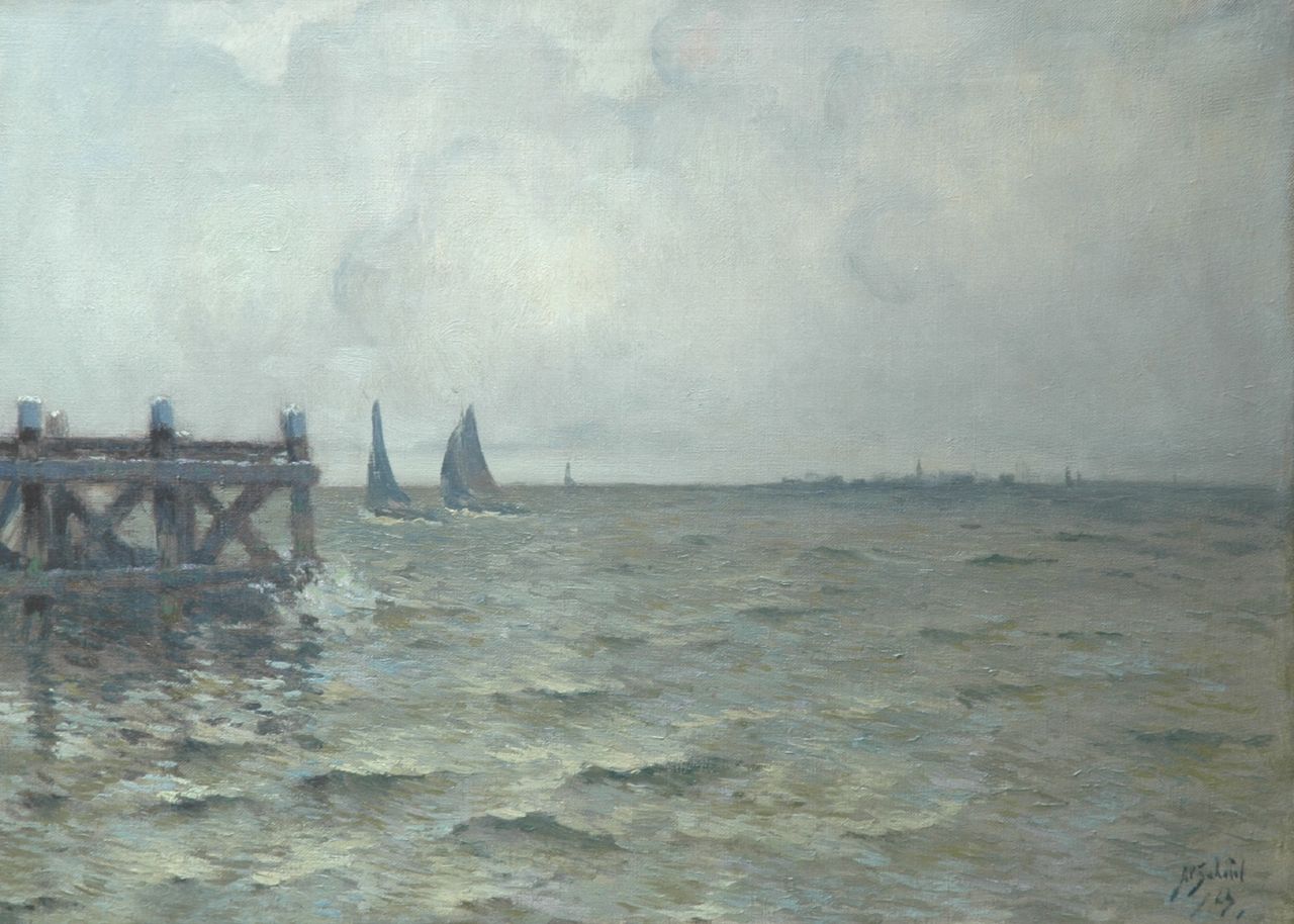 Schotel A.P. | Anthonie Pieter Schotel, Zeilschepen bij Marken, olieverf op doek 47,0 x 64,5 cm, gesigneerd rechtsonder en gedateerd '23 Schotel A.P. | Anthonie Pieter Schotel, Zeilschepen bij Marken, olieverf op doek 47,0 x 64,5 cm, gesigneerd rechtsonder en gedateerd '23