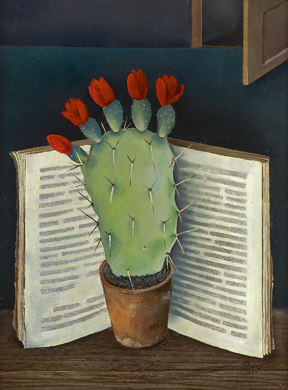 Boers W.H.F. | 'Willy' Herman Friederich Boers, Bloeiende cactus, olieverf op paneel 40,0 x 30,0 cm, gesigneerd rechtsonder en verso en gedateerd 1933 Boers W.H.F. | 'Willy' Herman Friederich Boers, Bloeiende cactus, olieverf op paneel 40,0 x 30,0 cm, gesigneerd rechtsonder en verso en gedateerd 1933