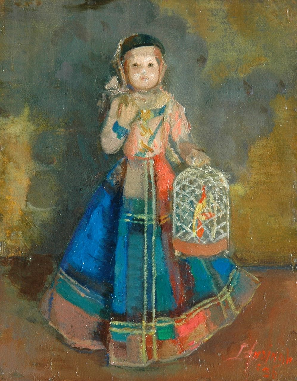 Ansingh M.E.G. | Maria Elisabeth Georgina 'Lizzy' Ansingh, Kind met kooi, olieverf op paneel 17,9 x 14,0 cm, gesigneerd rechtsonder en gedateerd '36 Ansingh M.E.G. | Maria Elisabeth Georgina 'Lizzy' Ansingh, Kind met kooi, olieverf op paneel 17,9 x 14,0 cm, gesigneerd rechtsonder en gedateerd '36