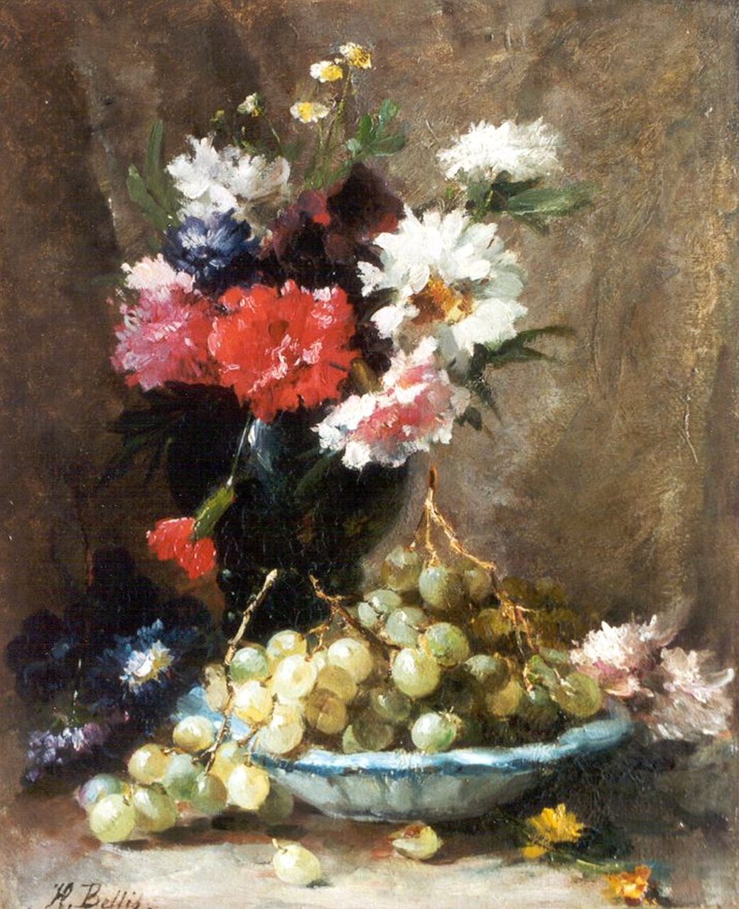 Bellis J.L. | Josse-Lambert 'Hubert' Bellis, Stilleven met bloemen en schaal met druiven, olieverf op doek 45,0 x 35,0 cm, gesigneerd linksonder Bellis J.L. | Josse-Lambert 'Hubert' Bellis, Stilleven met bloemen en schaal met druiven, olieverf op doek 45,0 x 35,0 cm, gesigneerd linksonder