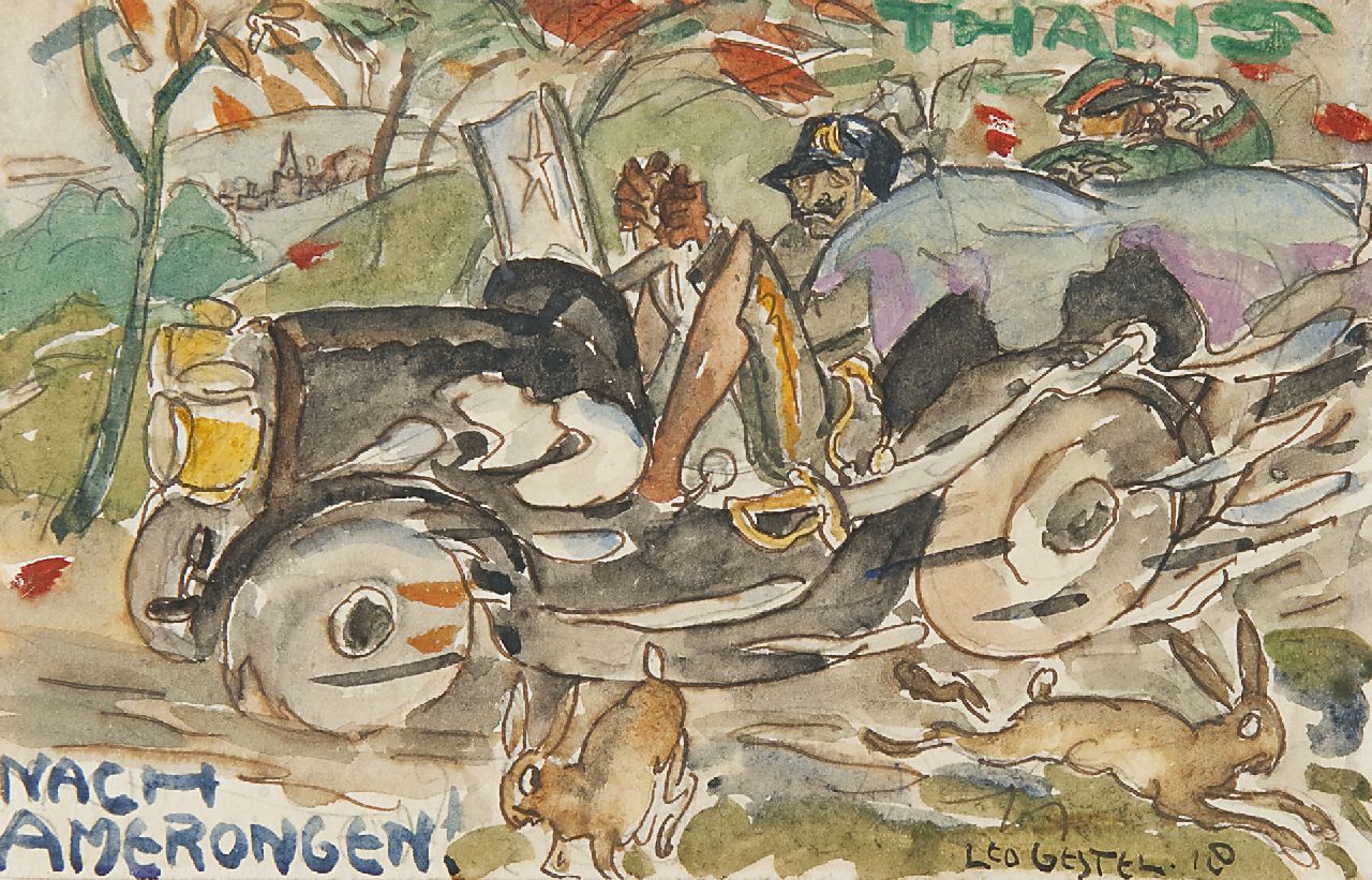 Gestel L. | Leendert 'Leo' Gestel, Nach Amerongen!: keizer Wilhelm II op z'n retour, aquarel op papier 9,0 x 14,0 cm, gesigneerd rechtsonder en gedateerd '18 Gestel L. | Leendert 'Leo' Gestel, Nach Amerongen!: keizer Wilhelm II op z'n retour, aquarel op papier 9,0 x 14,0 cm, gesigneerd rechtsonder en gedateerd '18