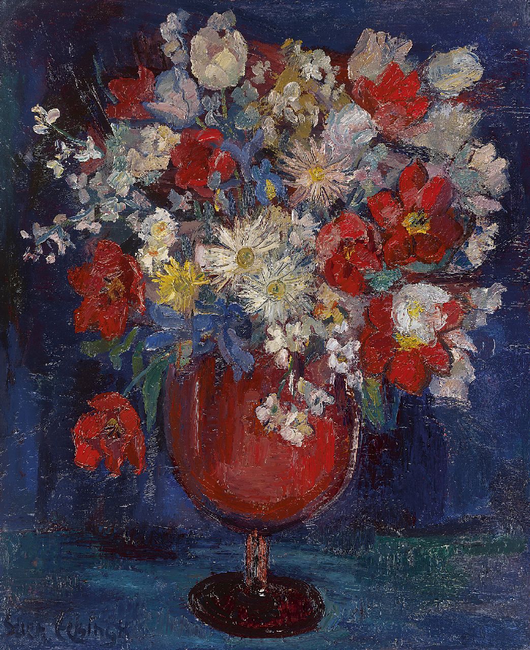 Eelsingh C. | Christiana 'Stien' Eelsingh, Boeket bloemen in een rode vaas, olieverf op doek 74,7 x 61,9 cm, gesigneerd linksonder en te dateren jaren '50 Eelsingh C. | Christiana 'Stien' Eelsingh, Boeket bloemen in een rode vaas, olieverf op doek 74,7 x 61,9 cm, gesigneerd linksonder en te dateren jaren '50