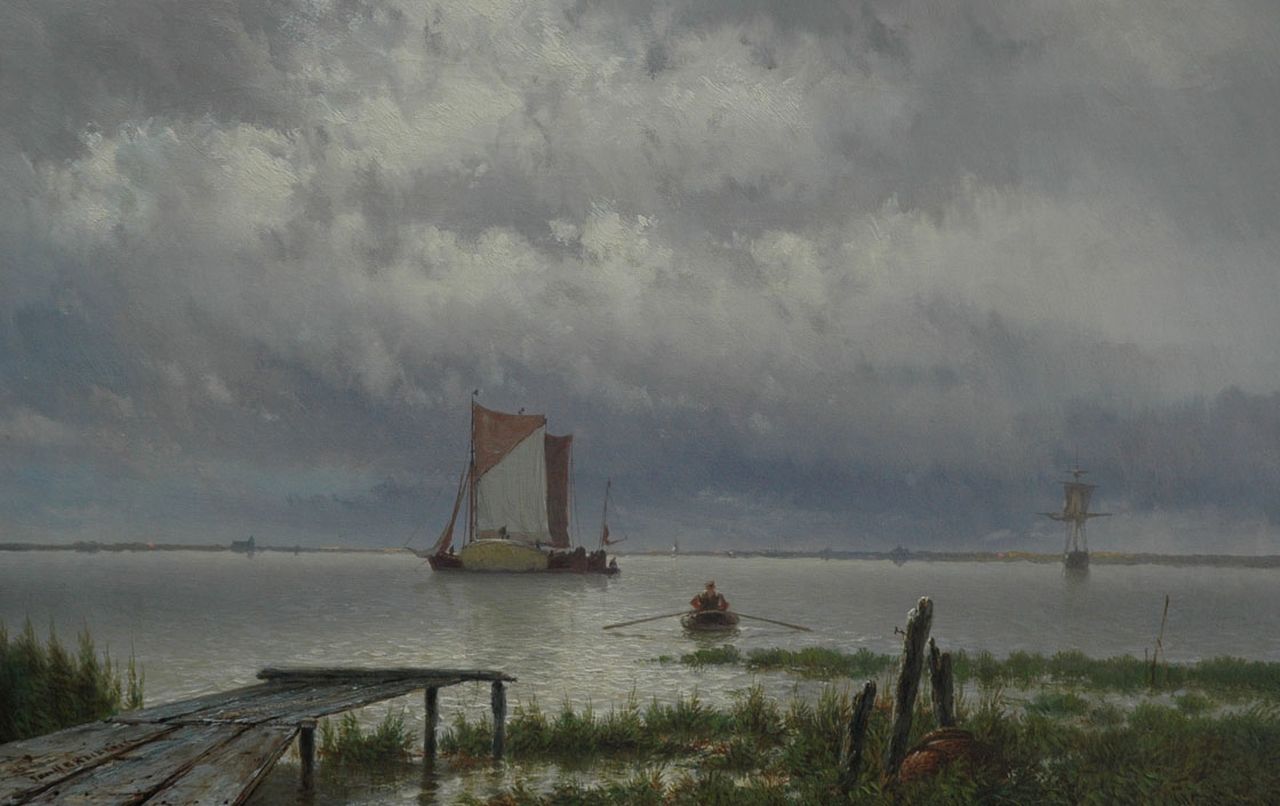 Koekkoek J.H.B.  | Johannes Hermanus Barend 'Jan H.B.' Koekkoek, Afgemeerde aken bij ondergaande zon, olieverf op doek 33,2 x 52,0 cm, gesigneerd linksonder