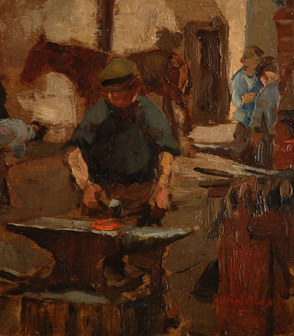 Breitner G.H.  | George Hendrik Breitner, De hoefsmid, olieverf op board 17,0 x 15,1 cm, gesigneerd rechtsonder