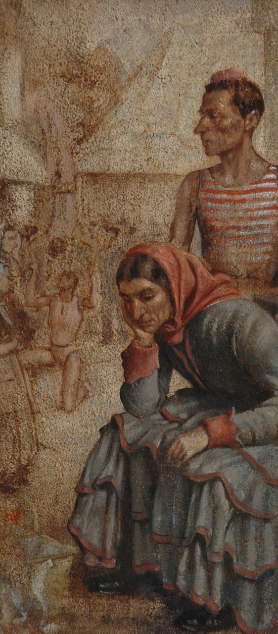 Veen K.J. van | 'Karel' Johannes van Veen, Kermisklanten, olieverf op paneel 30,4 x 13,8 cm, gesigneerd verso