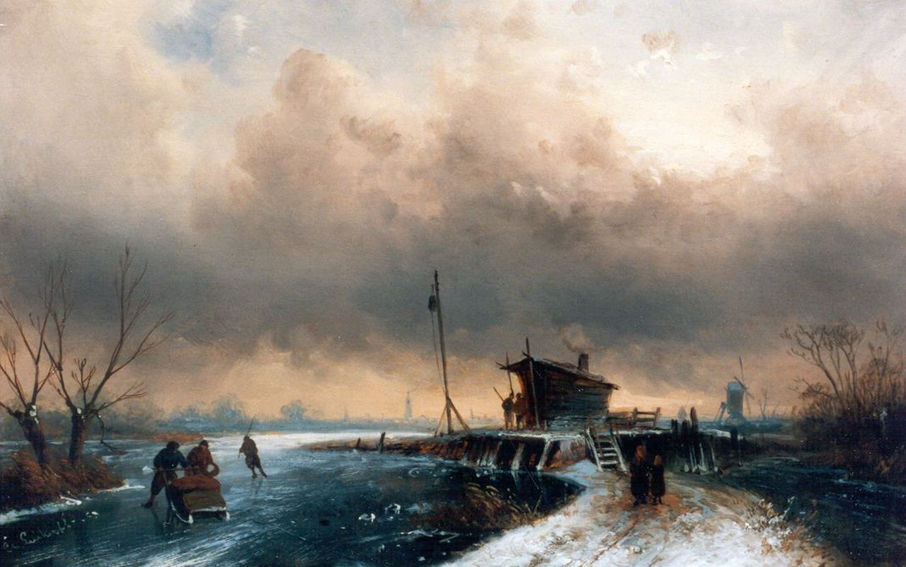 Leickert C.H.J. | 'Charles' Henri Joseph Leickert, Schaatsers langs de dorpsrand, olieverf op paneel 21,0 x 33,1 cm, gesigneerd linksonder Leickert C.H.J. | 'Charles' Henri Joseph Leickert, Schaatsers langs de dorpsrand, olieverf op paneel 21,0 x 33,1 cm, gesigneerd linksonder