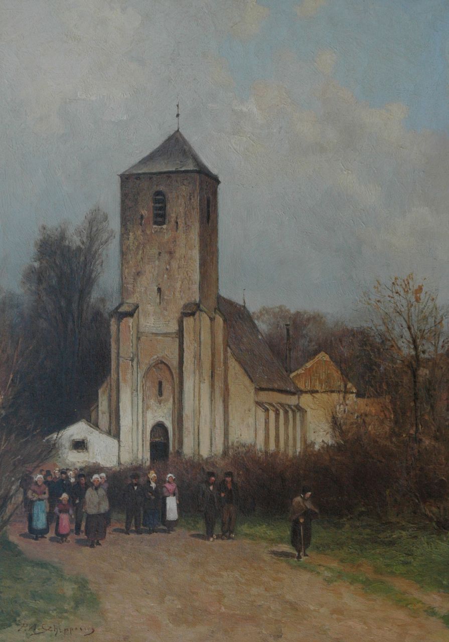 Schipperus P.A. | Pieter Adrianus 'Piet' Schipperus, Het uitgaan van de Grote Kerk in Lisse, olieverf op doek 40,8 x 29,3 cm, gesigneerd linksonder Schipperus P.A. | Pieter Adrianus 'Piet' Schipperus, Het uitgaan van de Grote Kerk in Lisse, olieverf op doek 40,8 x 29,3 cm, gesigneerd linksonder