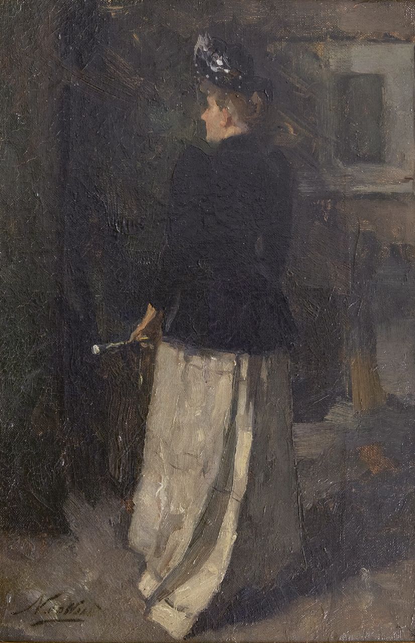 Waay N. van der | Nicolaas van der Waay, Jonge vrouw in rijkostuum, olieverf op doek 42,0 x 28,3 cm, gesigneerd linksonder Waay N. van der | Nicolaas van der Waay, Jonge vrouw in rijkostuum, olieverf op doek 42,0 x 28,3 cm, gesigneerd linksonder