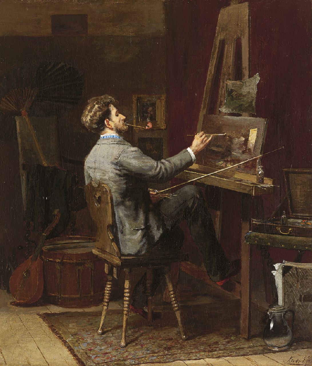 Kever J.S.H.  | Jacob Simon Hendrik 'Hein' Kever, Schilder in zijn atelier, olieverf op doek 42,7 x 37,0 cm, gesigneerd rechtsonder en gedateerd '74