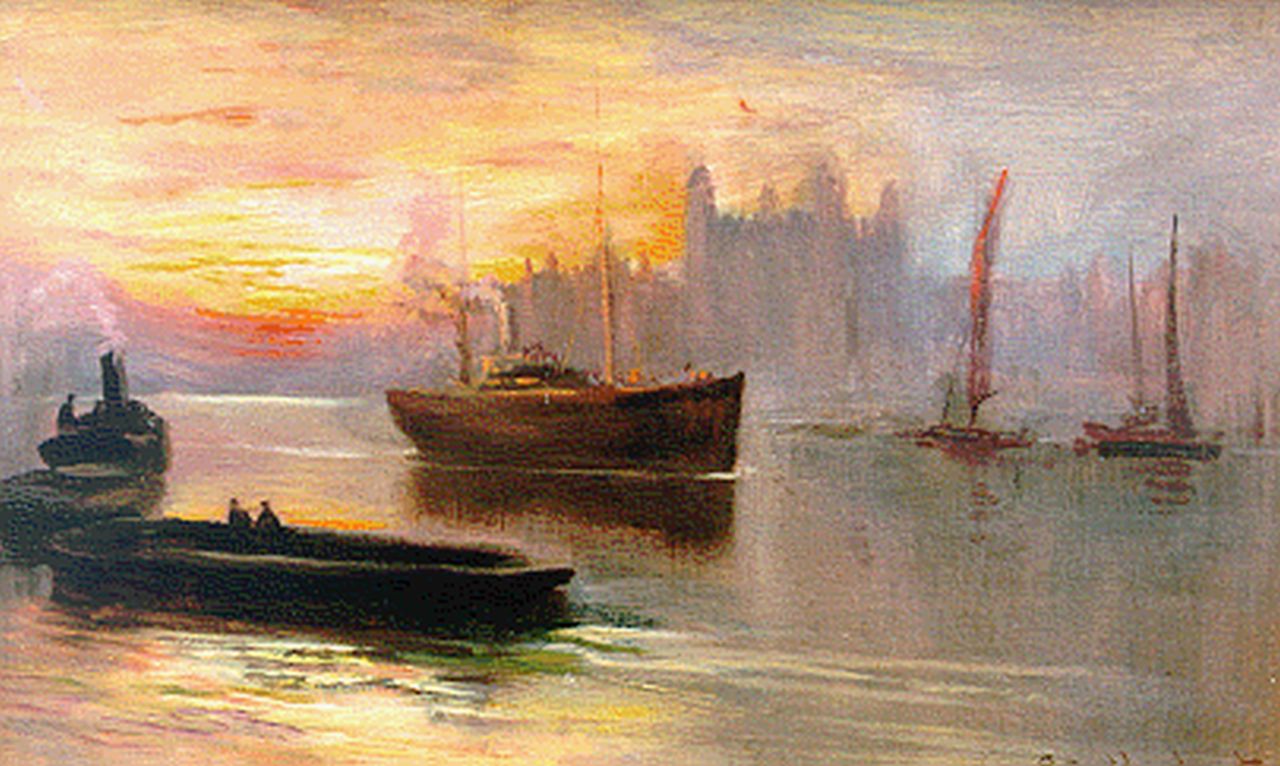 Hyde-Pownall G. | George Hyde-Pownall, Past the Tower, olieverf op paneel 16,0 x 25,4 cm, gesigneerd rechtsonder Hyde-Pownall G. | George Hyde-Pownall, Past the Tower, olieverf op paneel 16,0 x 25,4 cm, gesigneerd rechtsonder