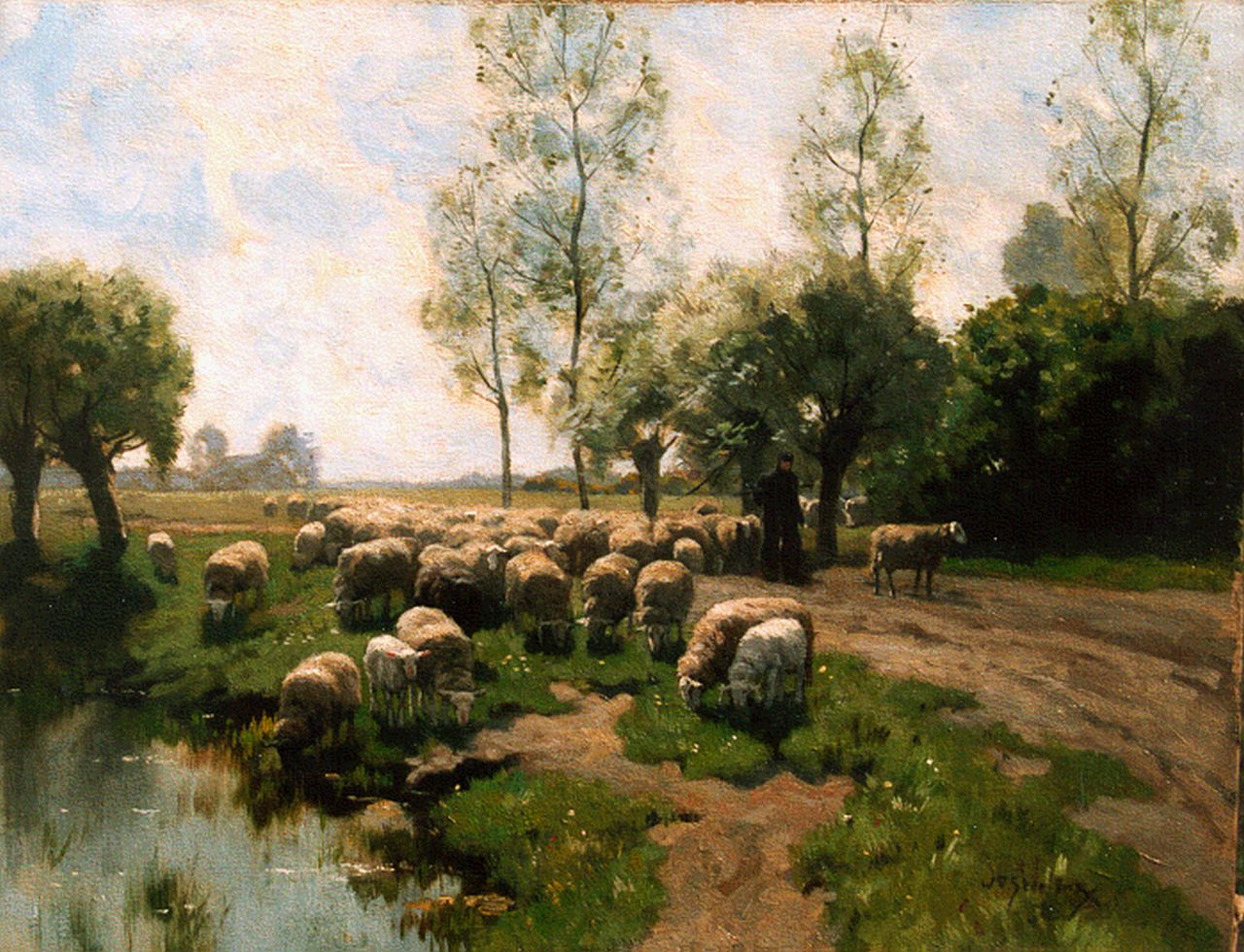 Steelink jr. W. | Willem Steelink jr., Schaapherder met schapen op de weide, olieverf op doek 51,0 x 66,0 cm, gesigneerd rechtsonder Steelink jr. W. | Willem Steelink jr., Schaapherder met schapen op de weide, olieverf op doek 51,0 x 66,0 cm, gesigneerd rechtsonder
