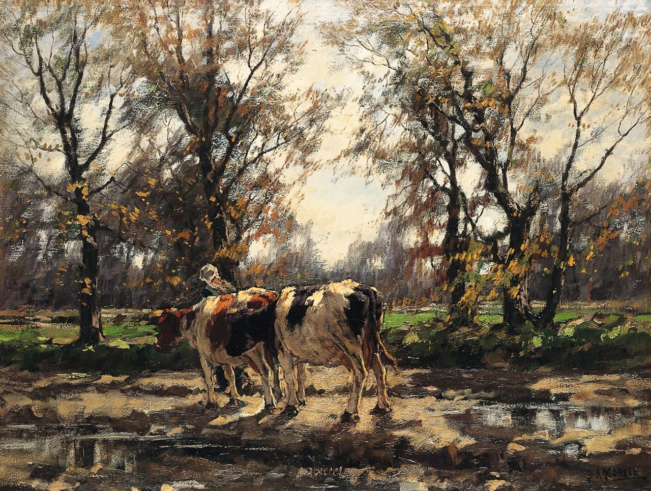 Gorter A.M. | 'Arnold' Marc Gorter, Melkmeisje met koeien na een herfstbui, olieverf op doek 75,0 x 100,5 cm, gesigneerd rechtsonder Gorter A.M. | 'Arnold' Marc Gorter, Melkmeisje met koeien na een herfstbui, olieverf op doek 75,0 x 100,5 cm, gesigneerd rechtsonder