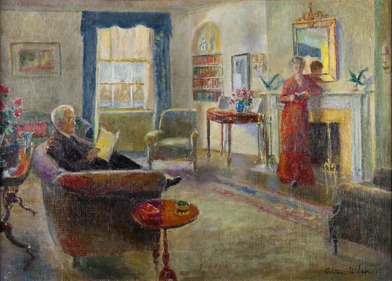 Wilson A. | Ashton Wilson, Het leesuurtje; politicus John Davis en zijn vrouw Julia MacDonald., olieverf op doek 51,0 x 71,4 cm, gesigneerd rechtsonder Wilson A. | Ashton Wilson, Het leesuurtje; politicus John Davis en zijn vrouw Julia MacDonald., olieverf op doek 51,0 x 71,4 cm, gesigneerd rechtsonder