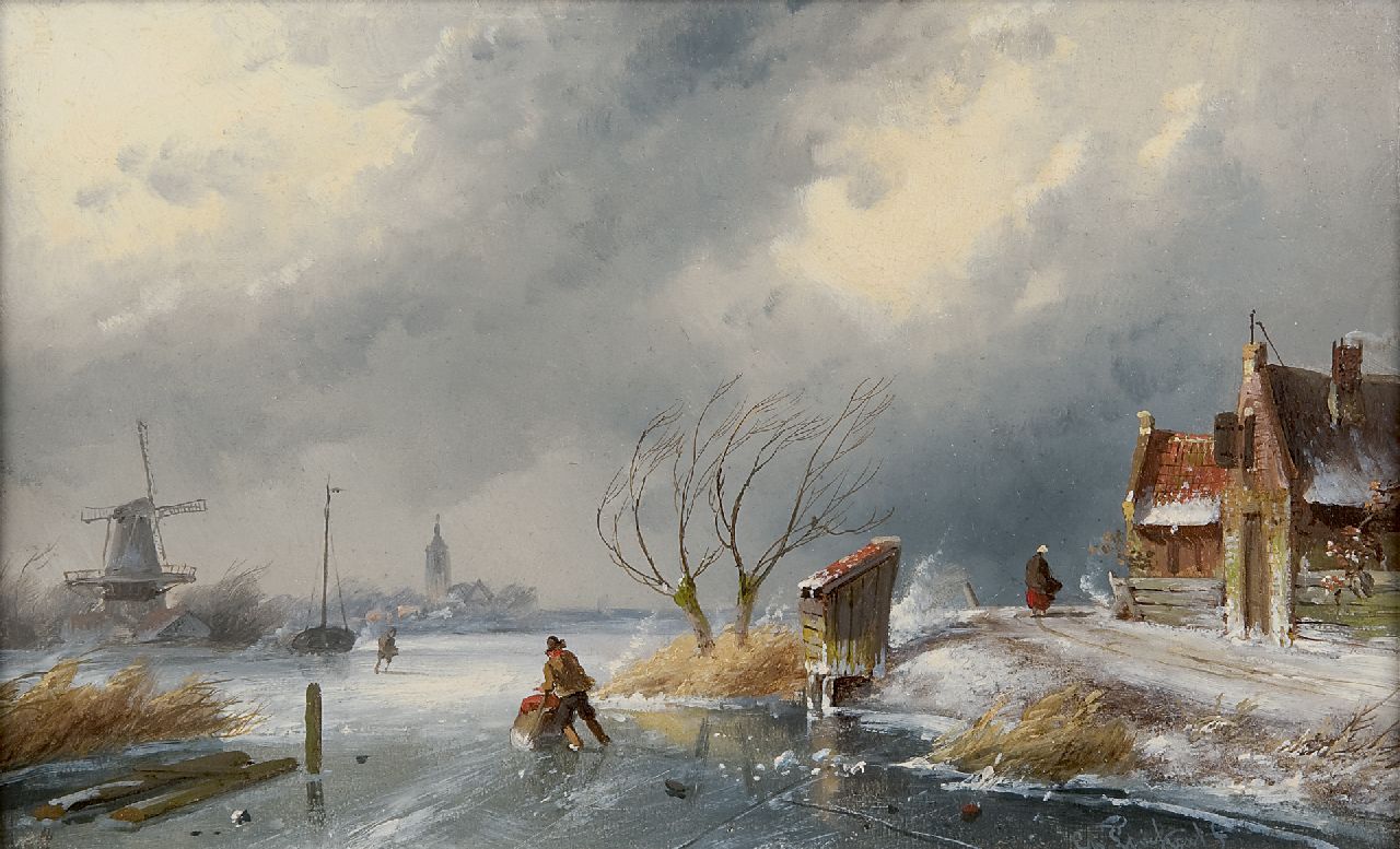 Leickert C.H.J. | 'Charles' Henri Joseph Leickert, Winters landschap met schaatsers en duwslede, olieverf op paneel 16,2 x 26,2 cm, gesigneerd rechtsonder Leickert C.H.J. | 'Charles' Henri Joseph Leickert, Winters landschap met schaatsers en duwslede, olieverf op paneel 16,2 x 26,2 cm, gesigneerd rechtsonder
