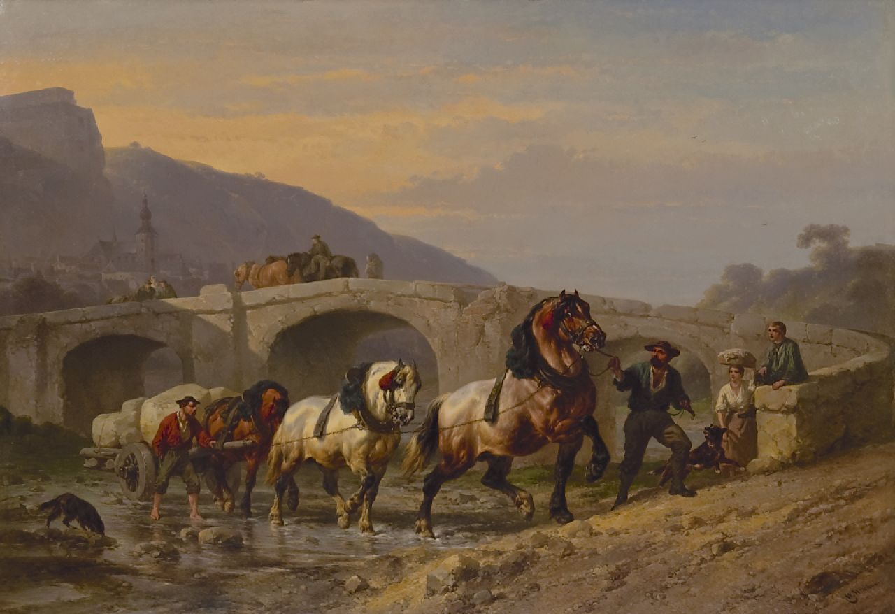 Verschuur W. | Wouterus Verschuur, Werkpaarden bij een brug, olieverf op paneel 69,0 x 100,5 cm, gesigneerd rechtsonder Verschuur W. | Wouterus Verschuur, Werkpaarden bij een brug, olieverf op paneel 69,0 x 100,5 cm, gesigneerd rechtsonder