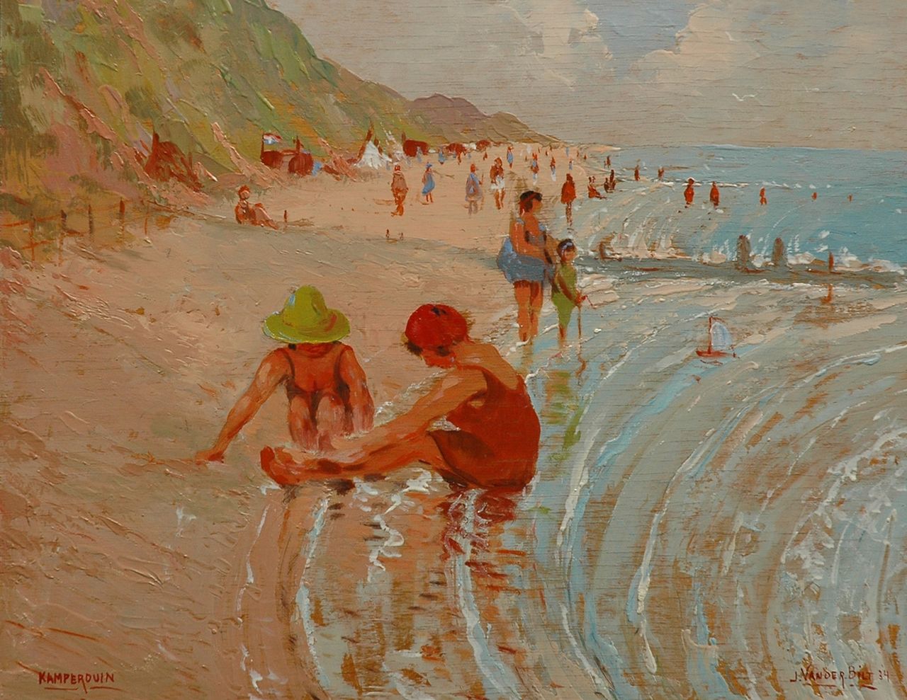 Bilt J.F.W. van der | Johannes Franciscus Willebrordus 'Johan' van der Bilt, Spelende kinderen op het strand van Kamperduin, olieverf op paneel 34,7 x 45,0 cm, gesigneerd rechtsonder en gedateerd '34