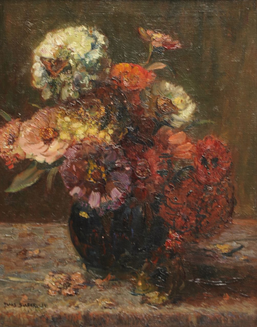 Slager F.F.  | Frédéric François 'Frans' Slager, Stilleven met zinnia's en vlinder, olieverf op doek 50,1 x 40,3 cm, gesigneerd linksonder en gedateerd '34