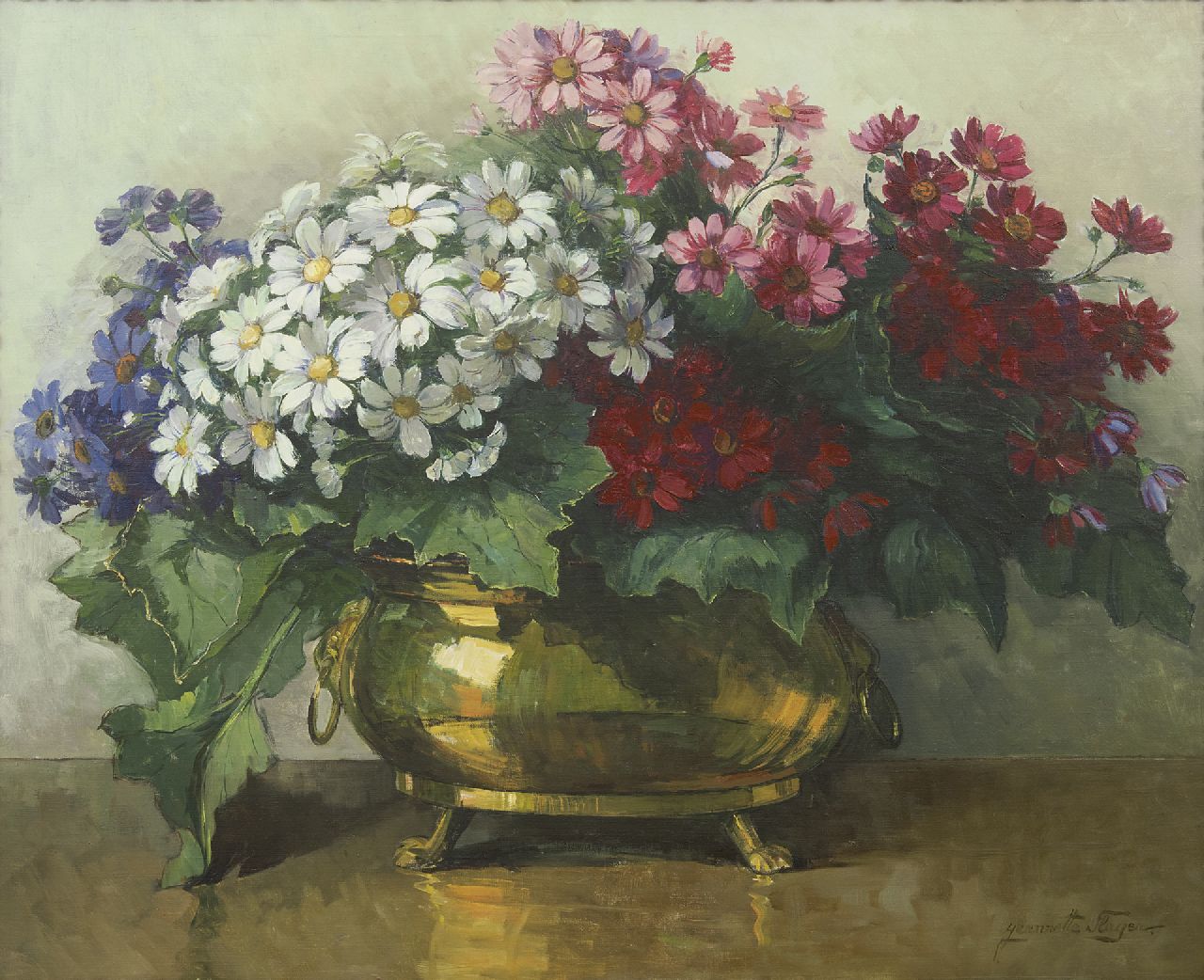 Slager J.J.M. | 'Jeanette' Josephia Maria Slager, Cineraria's in koperen pot, olieverf op doek 80,8 x 100,6 cm, gesigneerd rechtsonder Slager J.J.M. | 'Jeanette' Josephia Maria Slager, Cineraria's in koperen pot, olieverf op doek 80,8 x 100,6 cm, gesigneerd rechtsonder