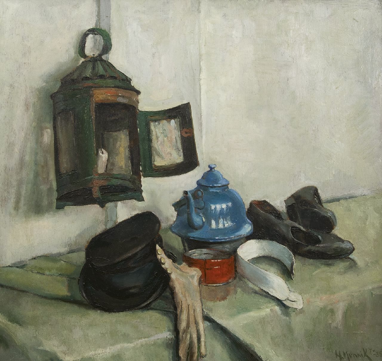 Munnik A.H. | Andries Hendrik 'Henk' Munnik | Schilderijen te koop aangeboden | Stilleven met emaille ketel en lantaarn, olieverf op paneel 70,0 x 73,3 cm, gesigneerd rechtsonder en gedateerd '35 Munnik A.H. | Andries Hendrik 'Henk' Munnik | Schilderijen te koop aangeboden | Stilleven met emaille ketel en lantaarn, olieverf op paneel 70,0 x 73,3 cm, gesigneerd rechtsonder en gedateerd '35