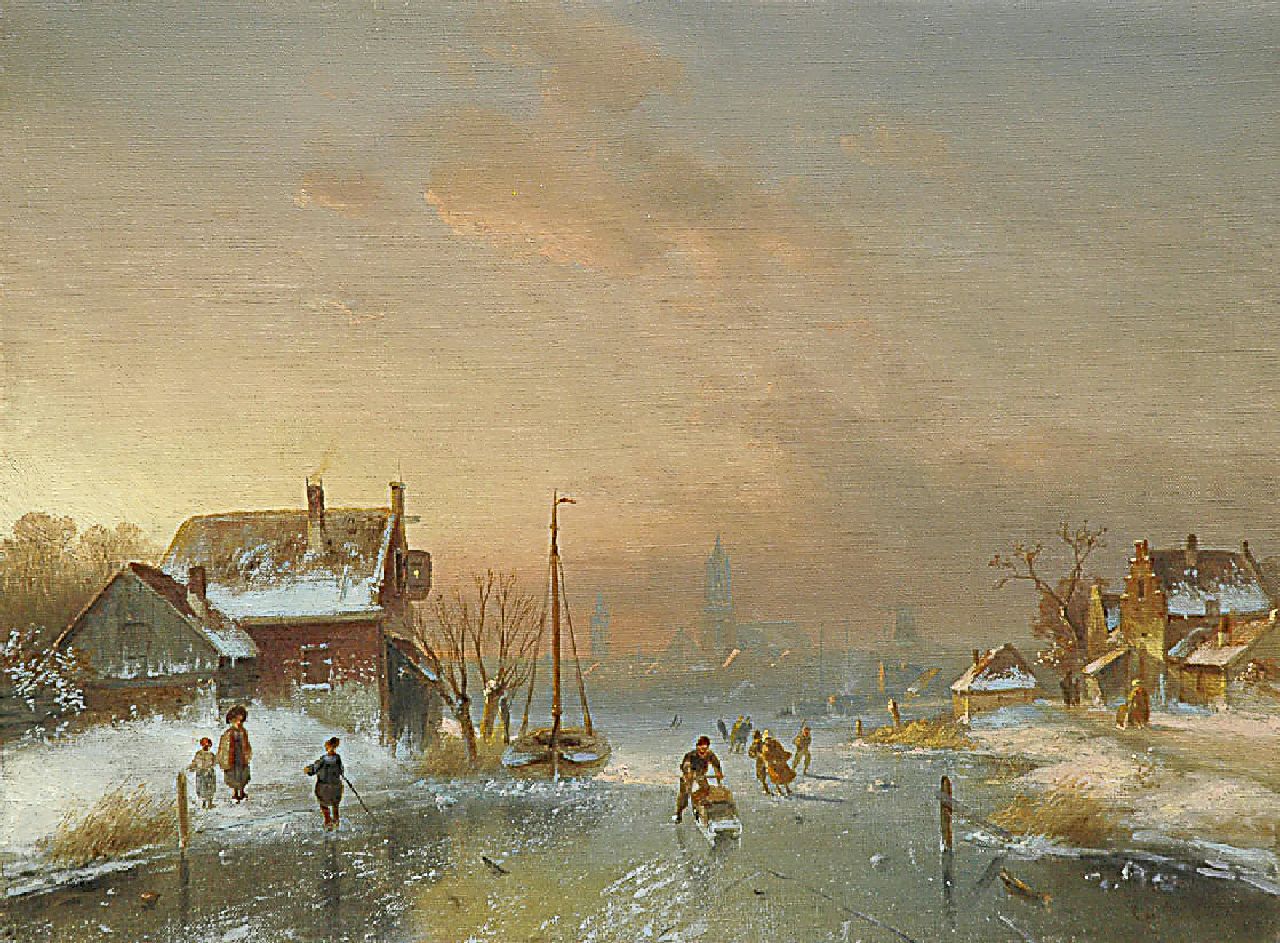 Leickert C.H.J. | 'Charles' Henri Joseph Leickert, Schaatspret op een bevroren rivier bij een stad, olieverf op doek 40,7 x 54,3 cm, gesigneerd rechtsonder gesigneerd (vaag) Leickert C.H.J. | 'Charles' Henri Joseph Leickert, Schaatspret op een bevroren rivier bij een stad, olieverf op doek 40,7 x 54,3 cm, gesigneerd rechtsonder gesigneerd (vaag)