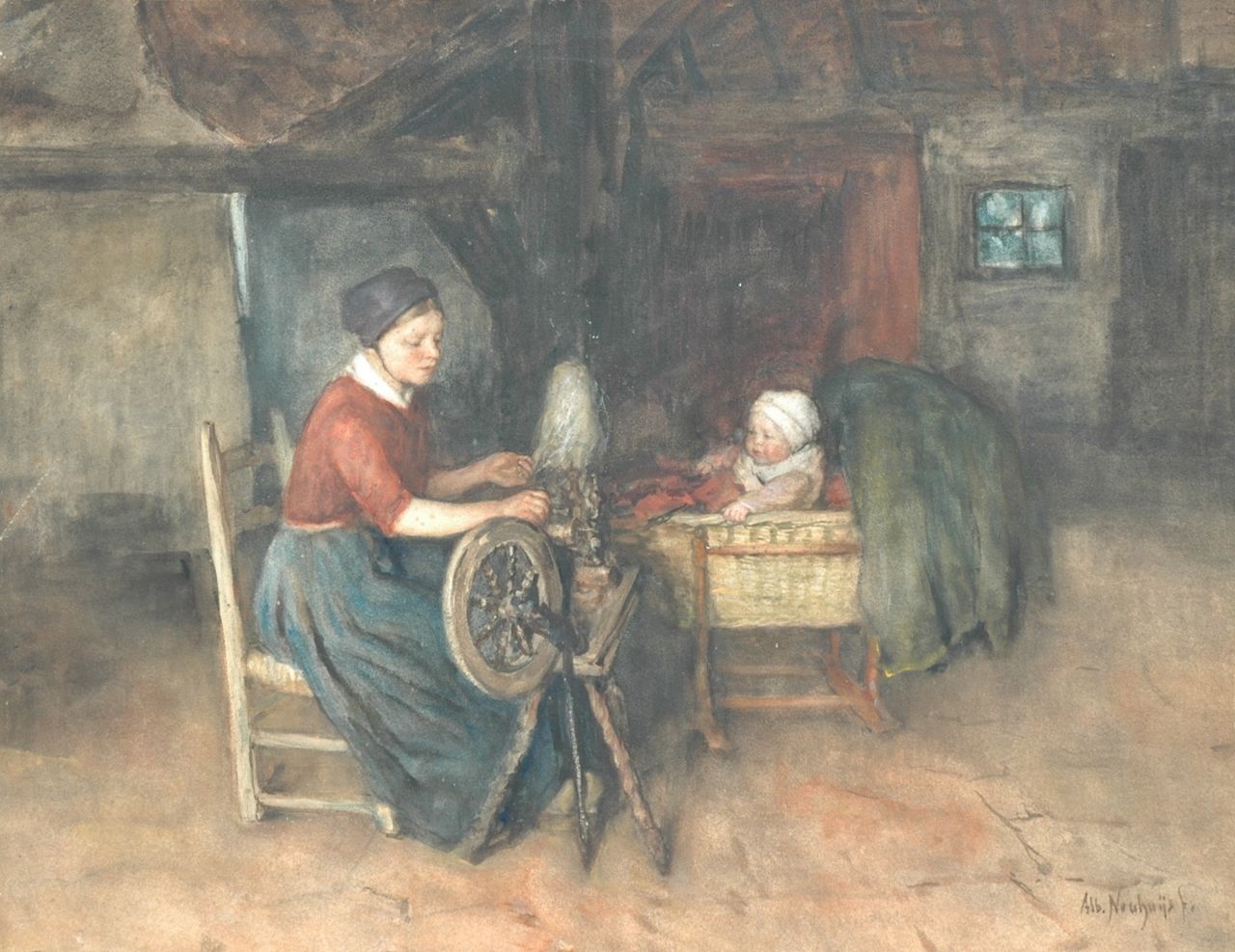 Neuhuys J.A. | Johannes 'Albert' Neuhuys, Jonge boerenvrouw aan het spinnewiel met baby in wiegje, aquarel op papier op board 52,3 x 67,5 cm, gesigneerd rechtsonder Neuhuys J.A. | Johannes 'Albert' Neuhuys, Jonge boerenvrouw aan het spinnewiel met baby in wiegje, aquarel op papier op board 52,3 x 67,5 cm, gesigneerd rechtsonder