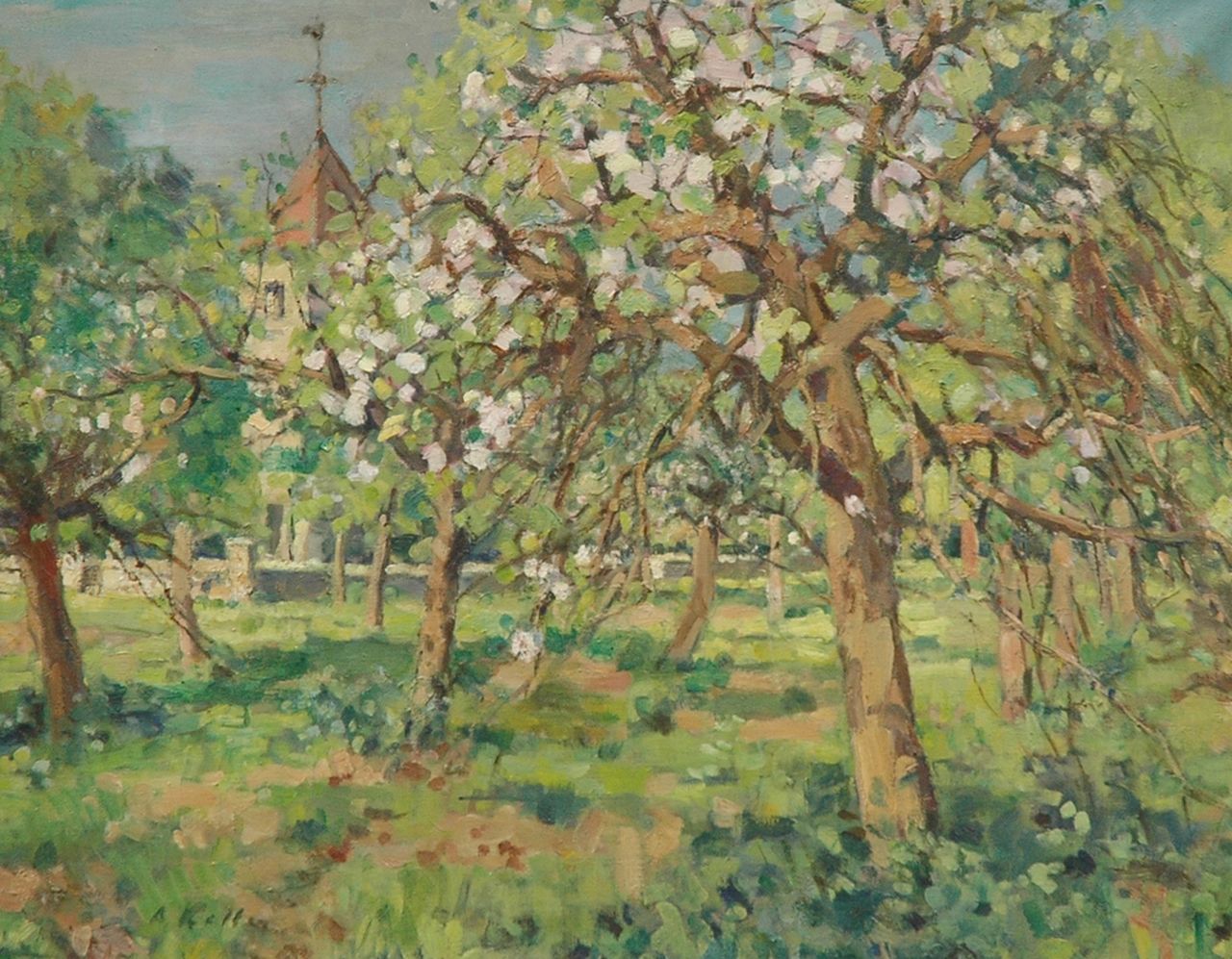 Keller A.  | Adolphe Keller, Boomgaard in bloei, olieverf op doek 73,4 x 92,3 cm, gesigneerd linksonder en gedateerd 1954 op spieraam
