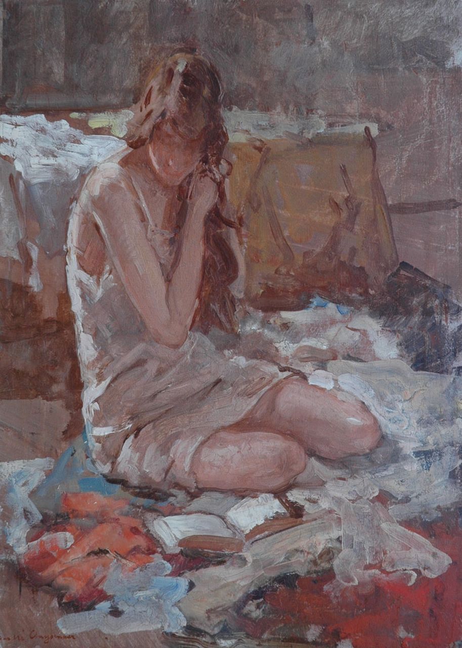 Cluysenaar A.E.A.  | 'André' Edmond Alfred Cluysenaar, Toilet makende jonge vrouw (pendant van 12809), olieverf op paneel 33,1 x 23,8 cm, gesigneerd linksonder
