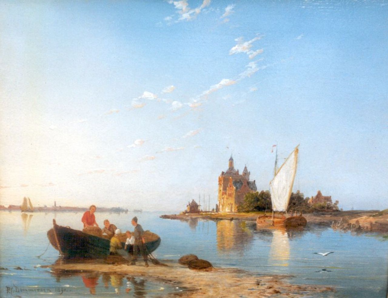 Dommershuijzen P.C.  | Pieter Cornelis Dommershuijzen, Vissersvolk op een zandbank voor Serooskerke, olieverf op paneel 20,0 x 25,2 cm, gesigneerd linksonder en gedateerd 1891