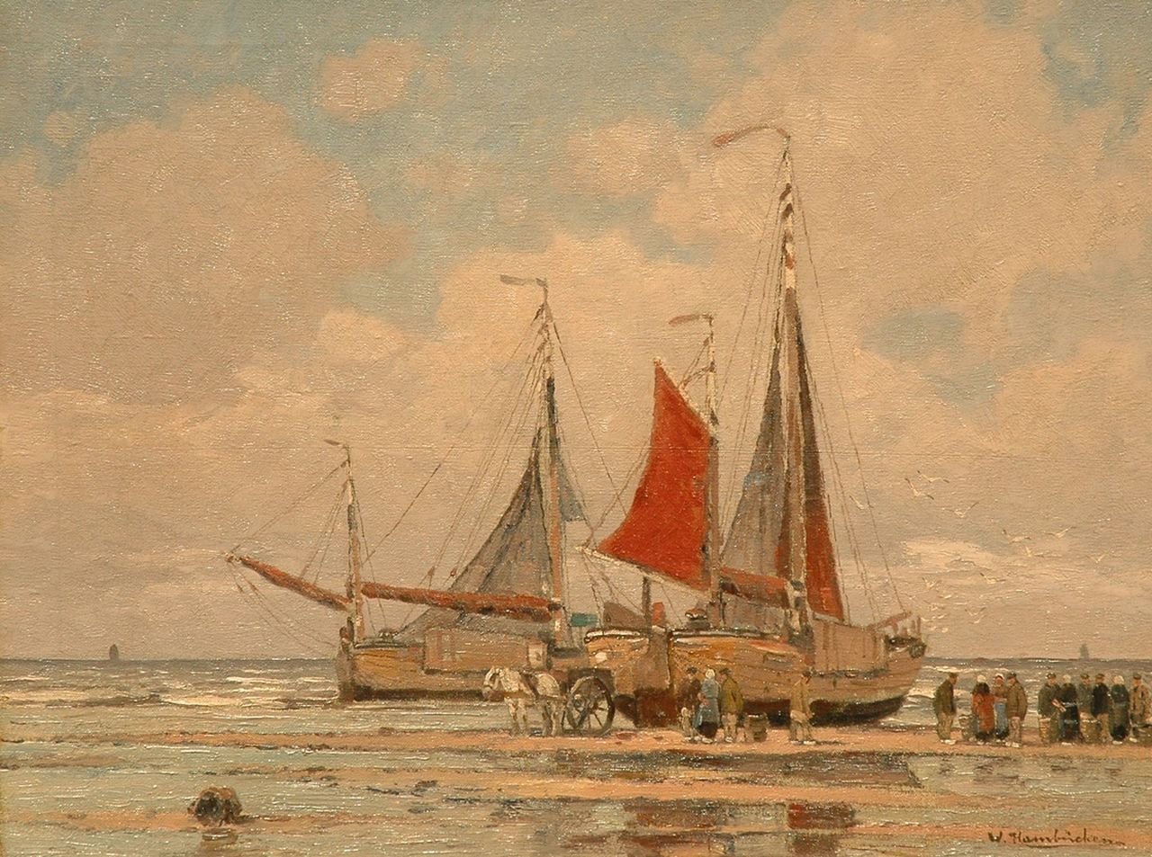 Hambüchen W. | Wilhelm Hambüchen, Het uitladen van de vangst, Katwijk, olieverf op doek 60,6 x 80,4 cm, gesigneerd rechtsonder Hambüchen W. | Wilhelm Hambüchen, Het uitladen van de vangst, Katwijk, olieverf op doek 60,6 x 80,4 cm, gesigneerd rechtsonder