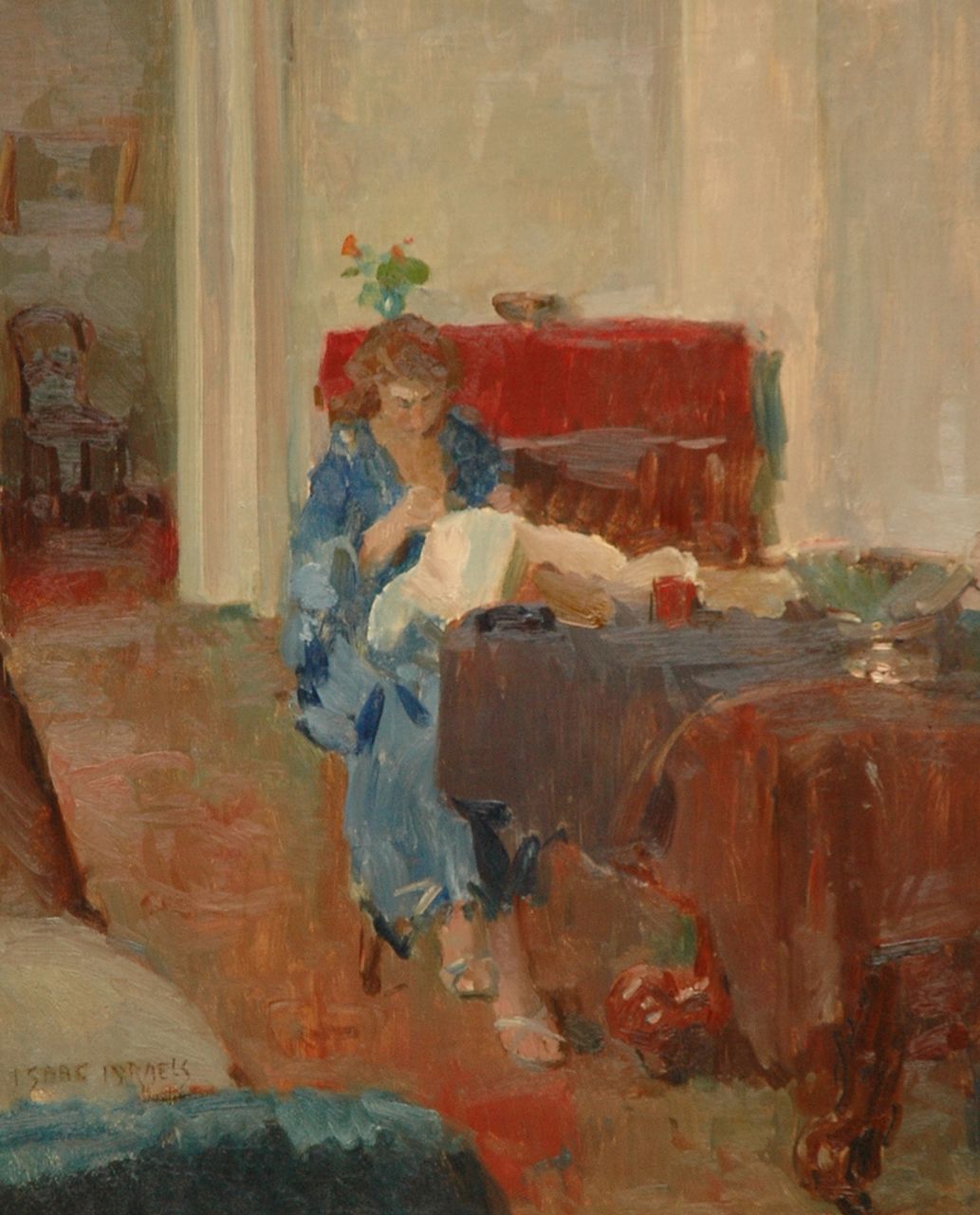 Israels I.L. | 'Isaac' Lazarus Israels, Sophie in interieur, olieverf op doek 80,0 x 65,0 cm, gesigneerd linksonder Israels I.L. | 'Isaac' Lazarus Israels, Sophie in interieur, olieverf op doek 80,0 x 65,0 cm, gesigneerd linksonder
