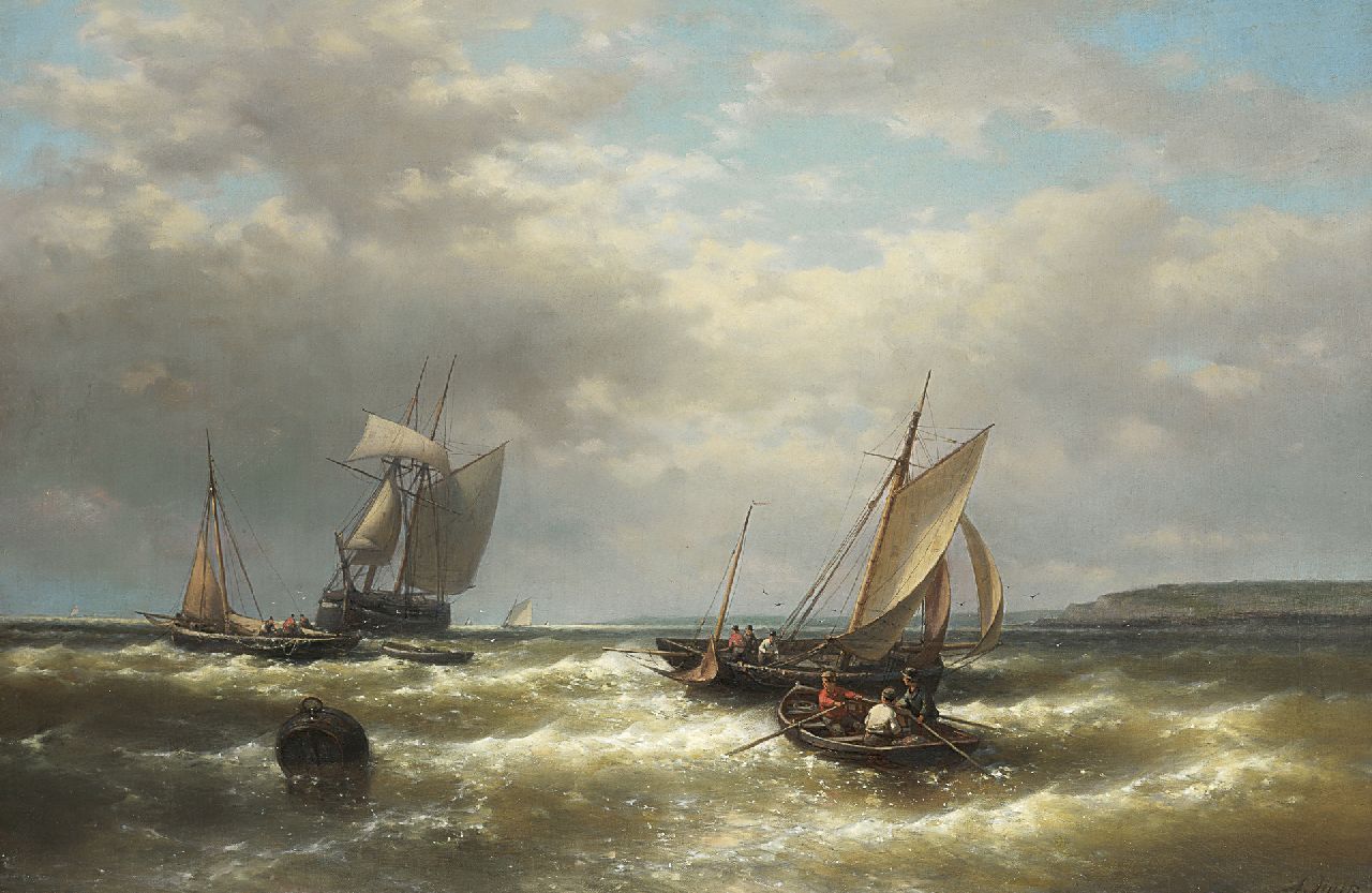 Hulk A. | Abraham Hulk, Schepen voor de kust bij stormachtig weer, olieverf op doek 61,7 x 93,0 cm, gesigneerd rechtsonder Hulk A. | Abraham Hulk, Schepen voor de kust bij stormachtig weer, olieverf op doek 61,7 x 93,0 cm, gesigneerd rechtsonder