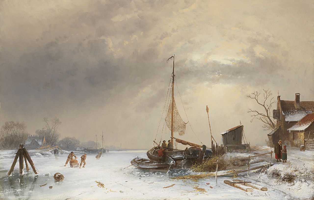 Leickert C.H.J. | 'Charles' Henri Joseph Leickert, Bevroren rivier met schaatsers en ingevroren schuit, olieverf op paneel 35,0 x 54,4 cm, gesigneerd rechtsonder Leickert C.H.J. | 'Charles' Henri Joseph Leickert, Bevroren rivier met schaatsers en ingevroren schuit, olieverf op paneel 35,0 x 54,4 cm, gesigneerd rechtsonder