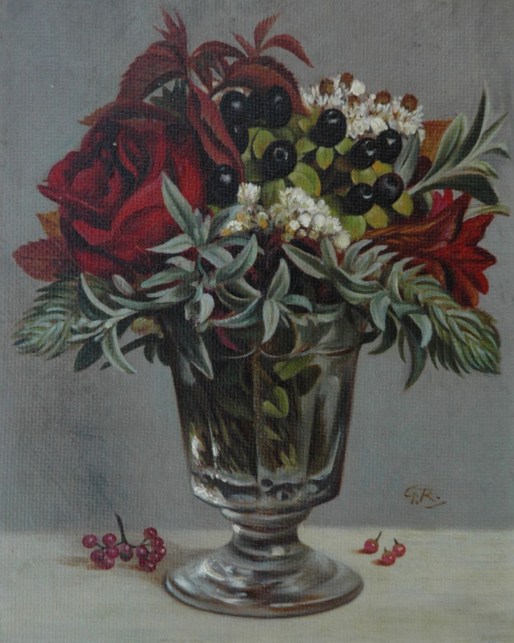 Röling G.V.A.  | Gerard Victor Alphons 'Gé' Röling, Bloemstilleven in glazen vaas, olieverf op paneel 19,0 x 15,1 cm, gesigneerd rechtsonder met initialen en verso voluit