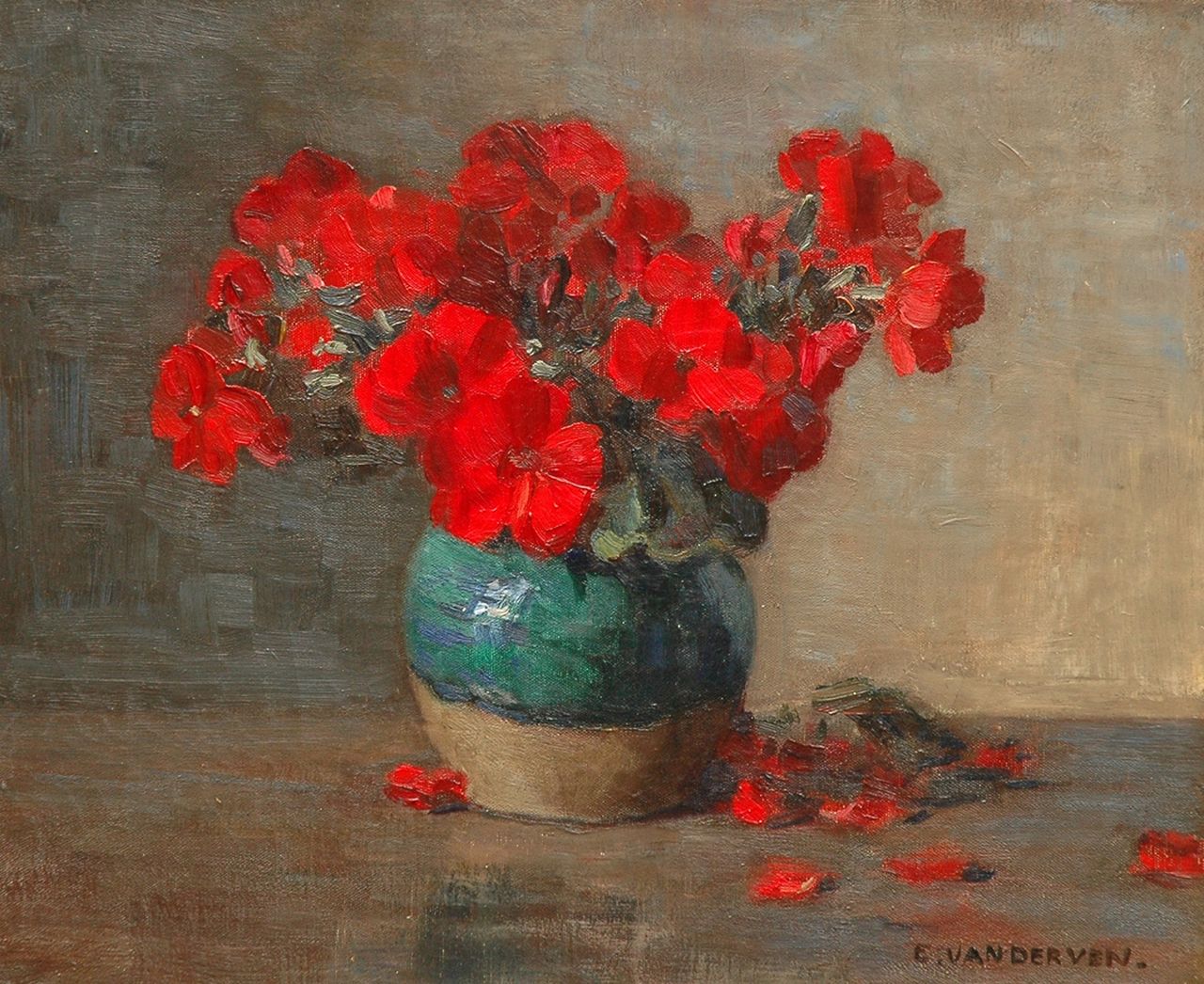 Ven E.E.G. van der | Emanuel Ernest Gerardus 'Manus' van der Ven, Rode bloemen in gemberpot, olieverf op doek 29,5 x 35,5 cm, gesigneerd rechtsonder Ven E.E.G. van der | Emanuel Ernest Gerardus 'Manus' van der Ven, Rode bloemen in gemberpot, olieverf op doek 29,5 x 35,5 cm, gesigneerd rechtsonder