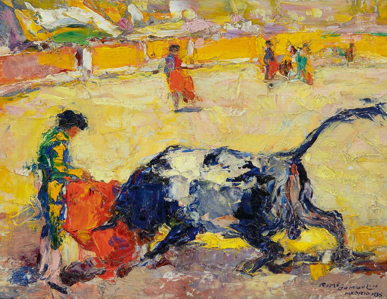 Dumoulin R.  | Roméo Dumoulin, Het stierengevecht, olieverf op doek 17,2 x 22,3 cm, gesigneerd rechtsonder en gedateerd 1935