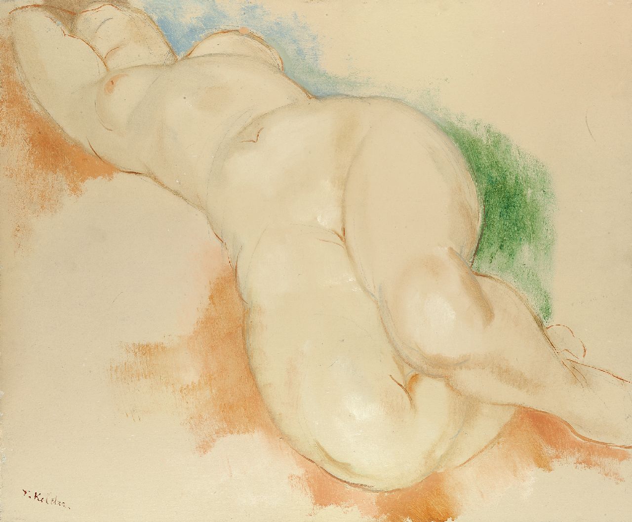 Kelder A.B.  | Antonius Bernardus 'Toon' Kelder | Aquarellen en tekeningen te koop aangeboden | Slapend naakt, potlood, krijt en olieverf op schildersboard 53,9 x 65,0 cm, gesigneerd linksonder
