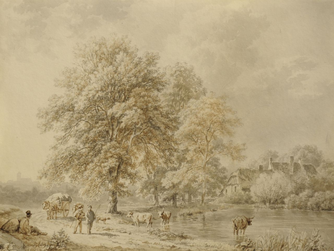 Koekkoek B.C. | Barend Cornelis Koekkoek, Reizigers en herder met vee op bebost pad langs een beek, gewassen pen op papier 16,4 x 22,0 cm, gesigneerd linksonder en gedateerd 1837 Koekkoek B.C. | Barend Cornelis Koekkoek, Reizigers en herder met vee op bebost pad langs een beek, gewassen pen op papier 16,4 x 22,0 cm, gesigneerd linksonder en gedateerd 1837
