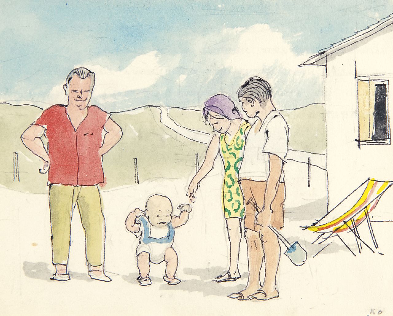 Kamerlingh Onnes H.H. | 'Harm' Henrick Kamerlingh Onnes | Aquarellen en tekeningen te koop aangeboden | De eerste stapjes op het strand, aquarel op papier 11,5 x 14,3 cm, gesigneerd rechtsonder met initialen Kamerlingh Onnes H.H. | 'Harm' Henrick Kamerlingh Onnes | Aquarellen en tekeningen te koop aangeboden | De eerste stapjes op het strand, aquarel op papier 11,5 x 14,3 cm, gesigneerd rechtsonder met initialen
