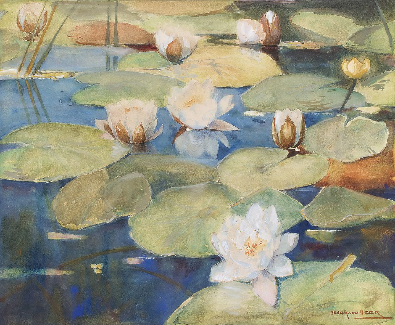 Beek B.A. van | Bernardus Antonie van Beek, Waterlelies, aquarel op papier 46,3 x 55,8 cm, gesigneerd rechtsonder