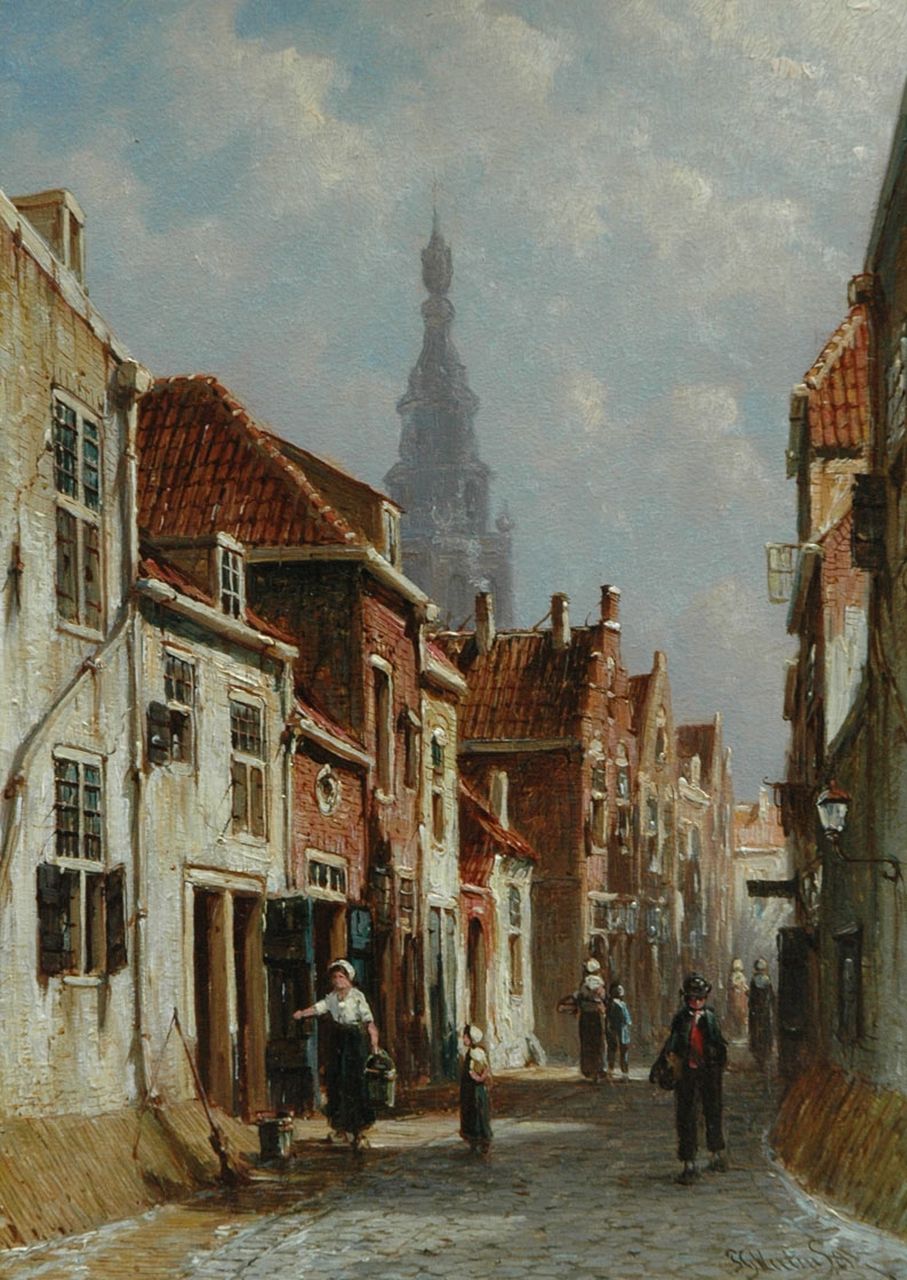 Vertin P.G. | Petrus Gerardus Vertin, Zomers straatje met figuren, olieverf op paneel 25,5 x 18,3 cm, gesigneerd rechtsonder Vertin P.G. | Petrus Gerardus Vertin, Zomers straatje met figuren, olieverf op paneel 25,5 x 18,3 cm, gesigneerd rechtsonder