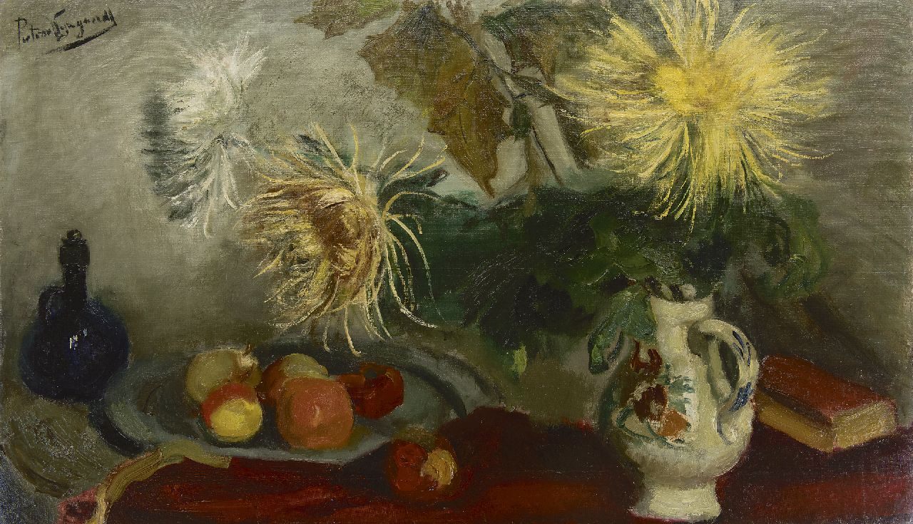 Wijngaerdt P.T. van | Petrus Theodorus 'Piet' van Wijngaerdt, Chrysanten en vruchten, olieverf op doek 70,0 x 119,9 cm, gesigneerd linksboven en verso Wijngaerdt P.T. van | Petrus Theodorus 'Piet' van Wijngaerdt, Chrysanten en vruchten, olieverf op doek 70,0 x 119,9 cm, gesigneerd linksboven en verso