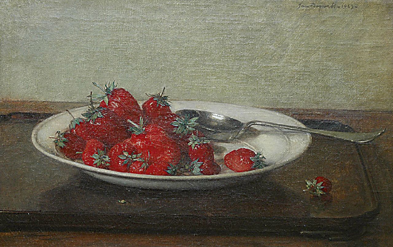 Bogaerts J.J.M. | Johannes Jacobus Maria 'Jan' Bogaerts, Stilleven met aardbeien op een aardewerken bord, olieverf op doek 27,1 x 41,4 cm, gesigneerd rechtsboven en gedateerd 1929 Bogaerts J.J.M. | Johannes Jacobus Maria 'Jan' Bogaerts, Stilleven met aardbeien op een aardewerken bord, olieverf op doek 27,1 x 41,4 cm, gesigneerd rechtsboven en gedateerd 1929