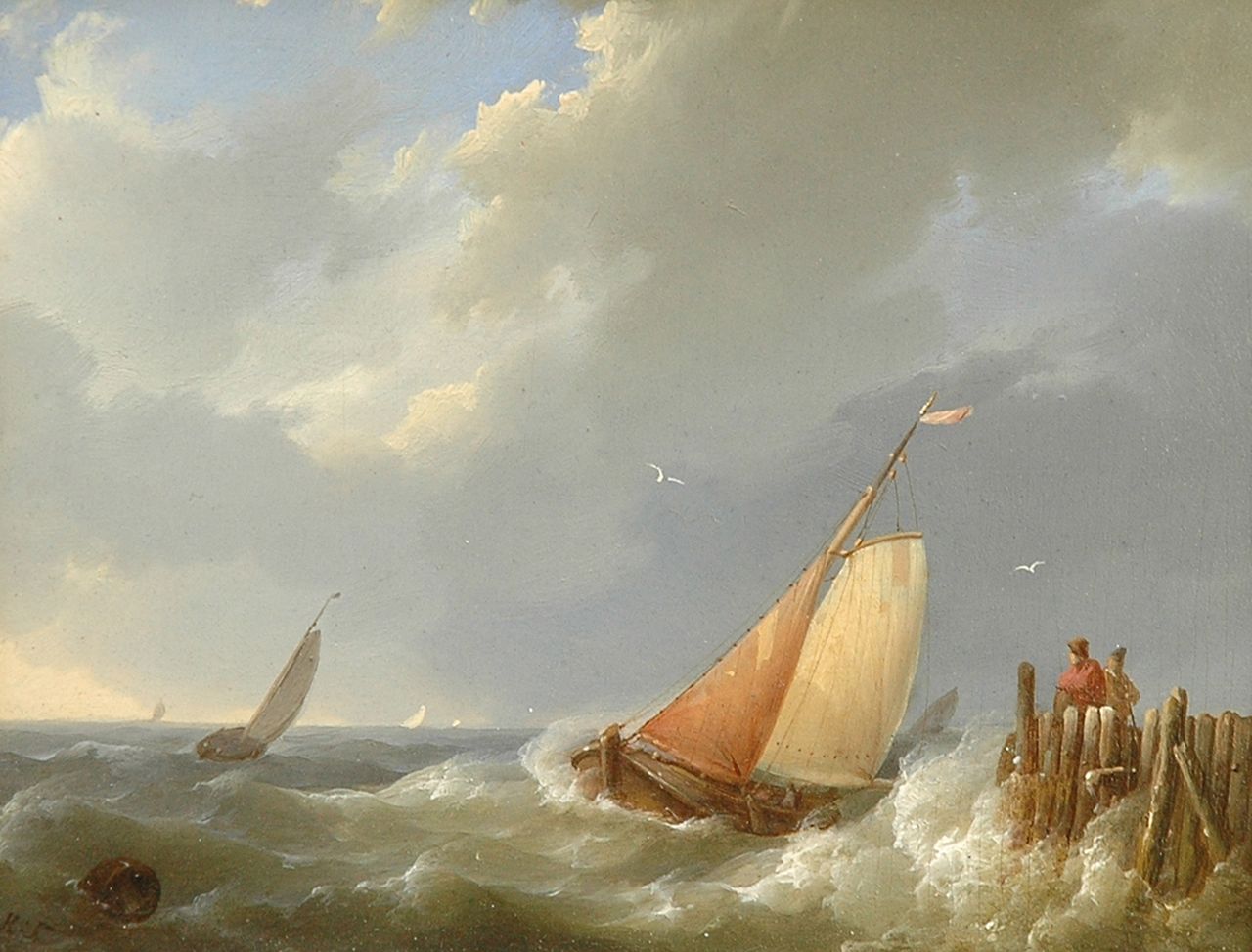 Koekkoek H. | Hermanus Koekkoek, Laverende schepen bij een havenhoofd, olieverf op paneel 11,9 x 14,7 cm, gesigneerd linksonder met initialen Koekkoek H. | Hermanus Koekkoek, Laverende schepen bij een havenhoofd, olieverf op paneel 11,9 x 14,7 cm, gesigneerd linksonder met initialen