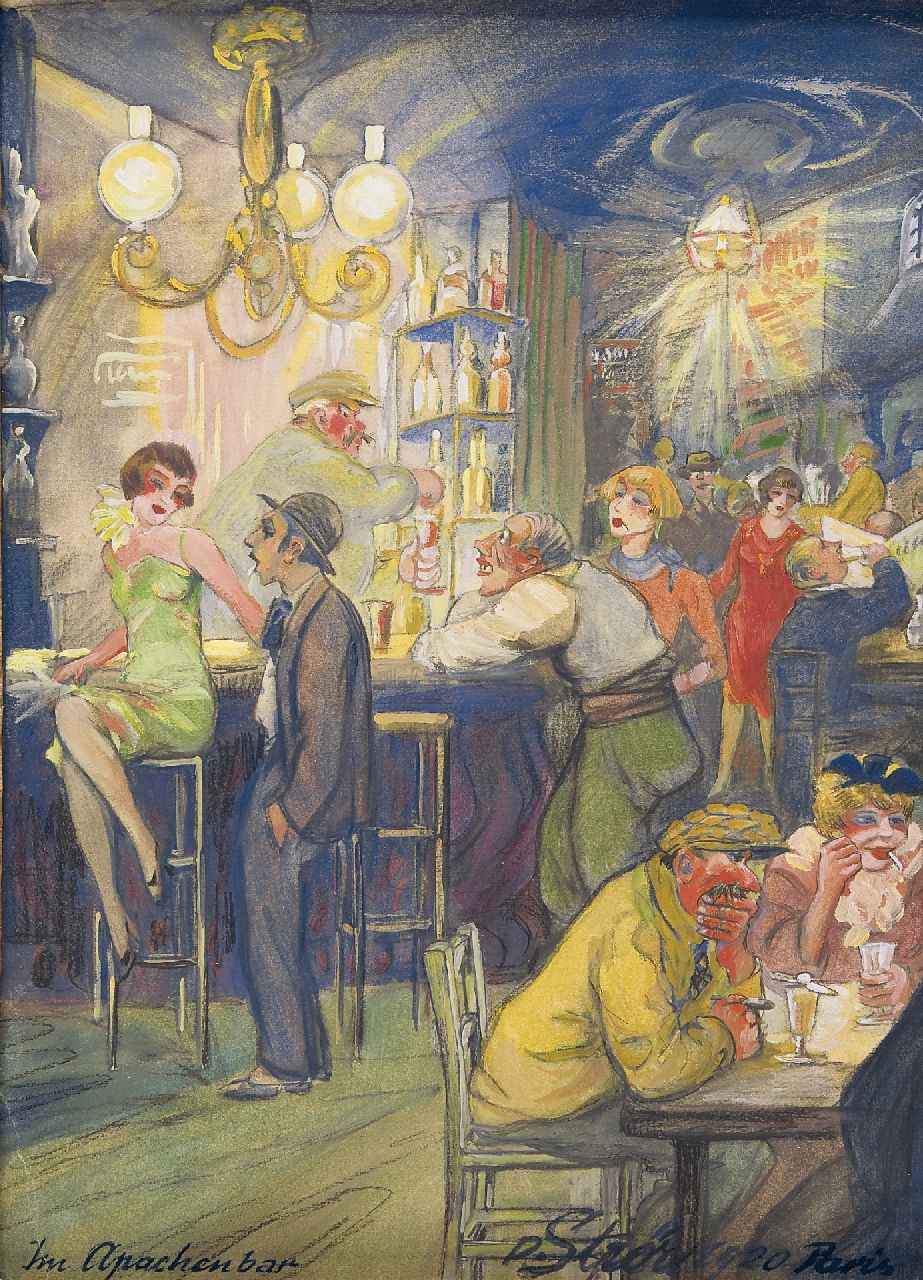 Strör P. | Paul Strör, In de Apachenbar, Parijs, gouache en olie op papier 36,8 x 26,9 cm, gesigneerd rechtsonder en gedateerd '1920 Paris' Strör P. | Paul Strör, In de Apachenbar, Parijs, gouache en olie op papier 36,8 x 26,9 cm, gesigneerd rechtsonder en gedateerd '1920 Paris'
