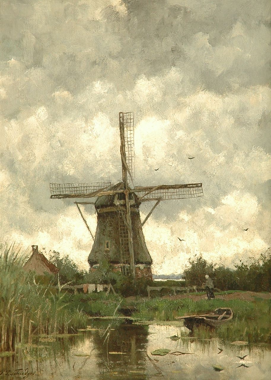 Schiedges jr. P.P. | Petrus Paulus Schiedges jr., Molen bij buiig weer, olieverf op doek 85,2 x 62,2 cm, gesigneerd linksonder Schiedges jr. P.P. | Petrus Paulus Schiedges jr., Molen bij buiig weer, olieverf op doek 85,2 x 62,2 cm, gesigneerd linksonder